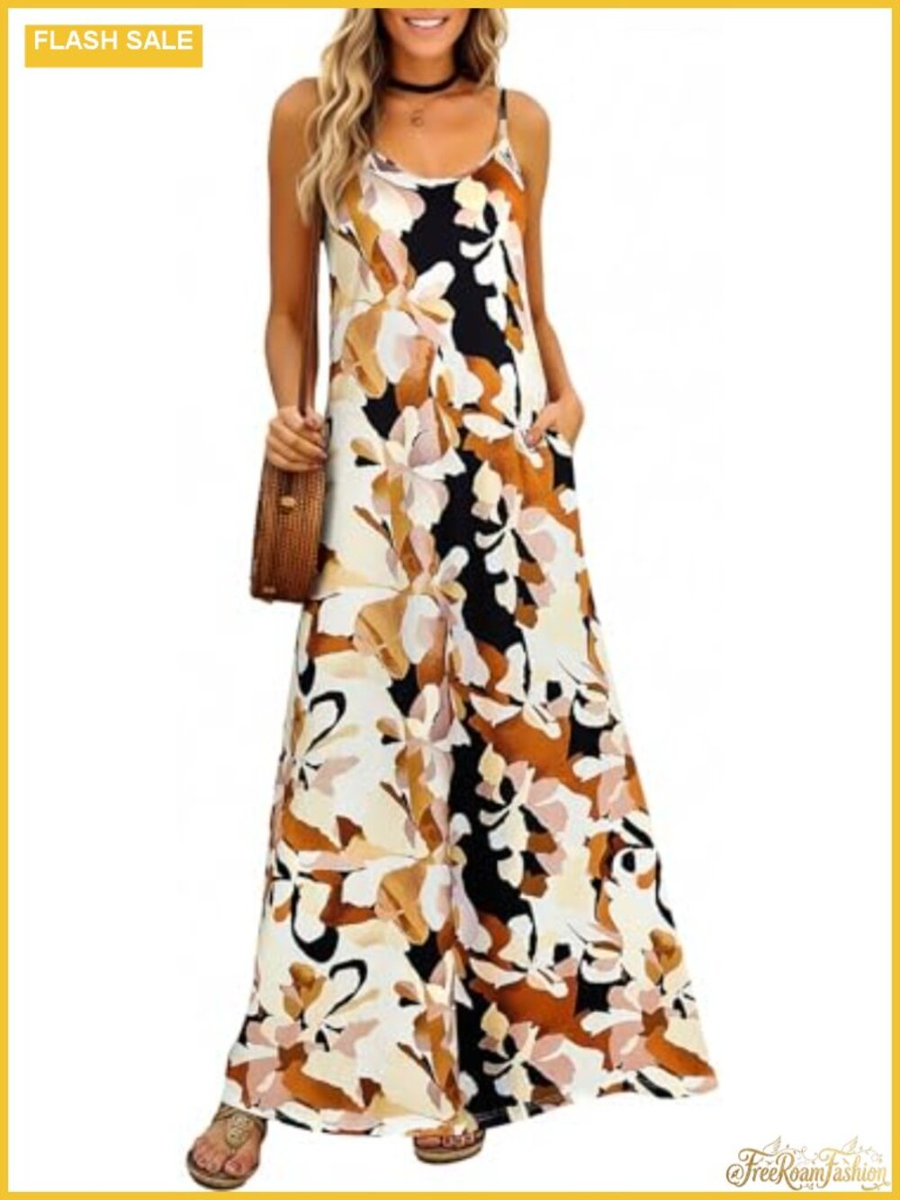 Spaghetti Strap V-Neck Bohemian Maxi Dress – Sleeveless Flowy Summer Sundress